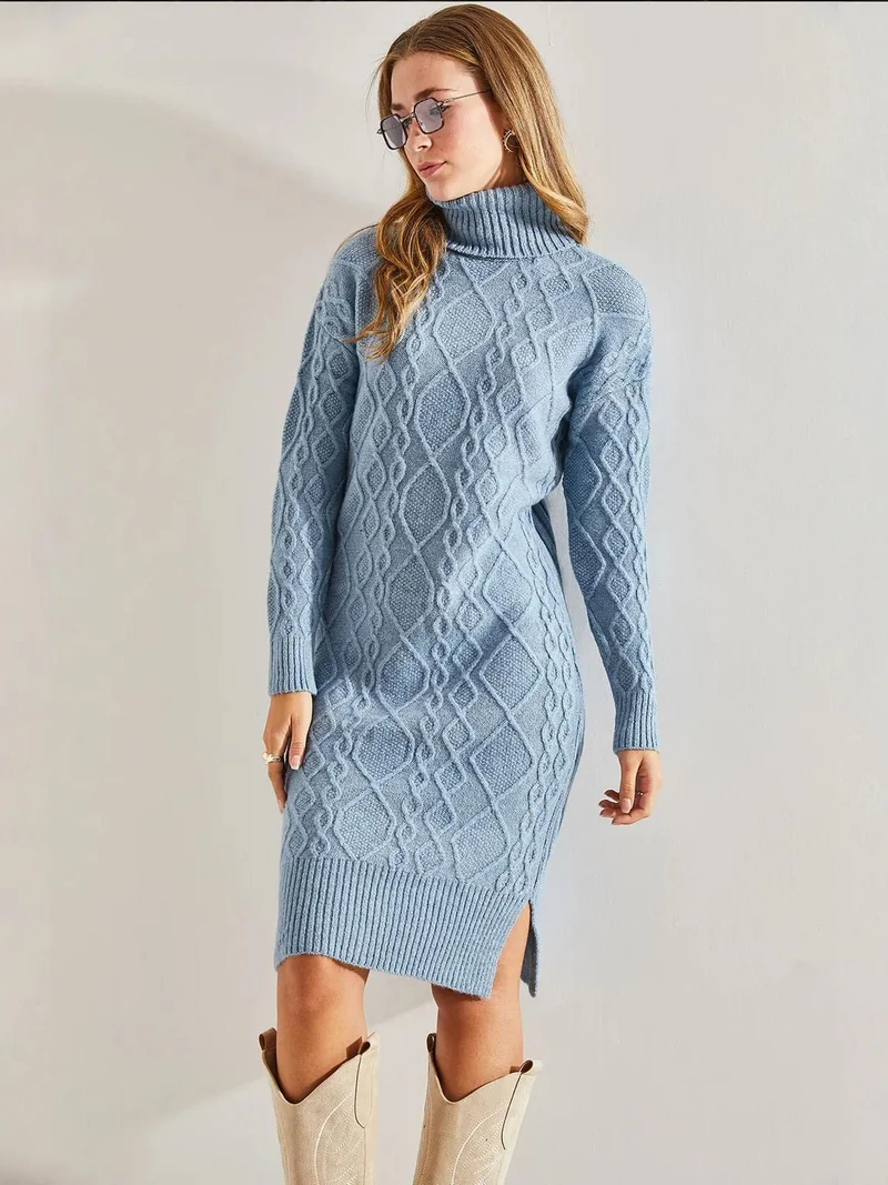 Bianco Lucci LUCCI Textured Turtleneck Fitted Knit Dress