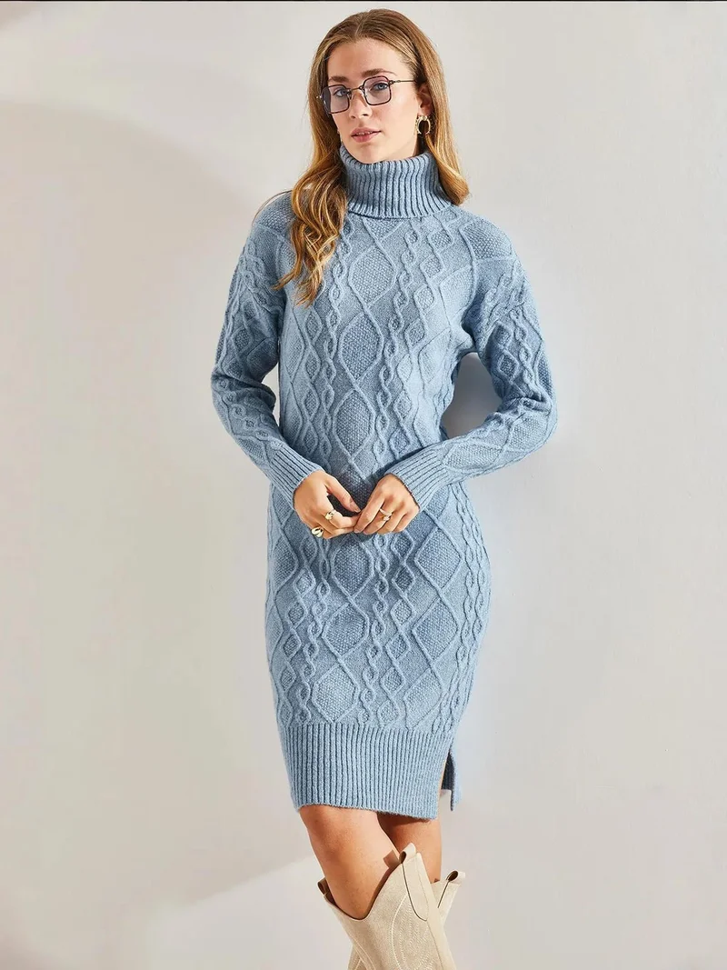 Bianco Lucci LUCCI Textured Turtleneck Fitted Knit Dress