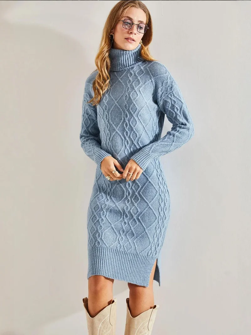 Bianco Lucci LUCCI Textured Turtleneck Fitted Knit Dress