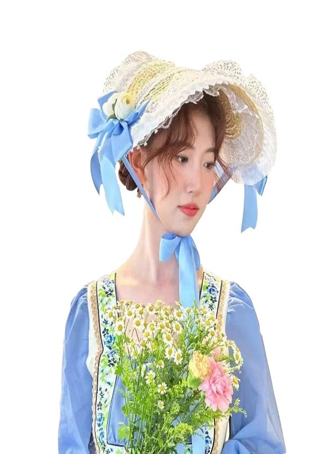 CMRCOYO Victorian Womens Tea Party Sun Hat Lolita Bows Florals Flat Straw Hats Womens Wide Brim Sun Hat with Wind Lanyard - Image 1