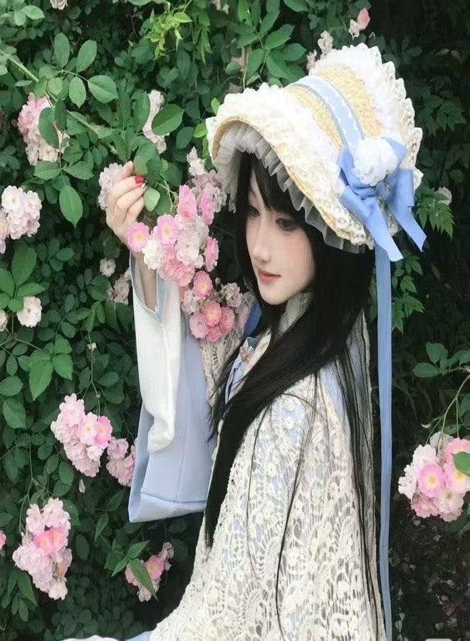 CMRCOYO Victorian Womens Tea Party Sun Hat Lolita Bows Florals Flat Straw Hats Womens Wide Brim Sun Hat with Wind Lanyard - Image 3
