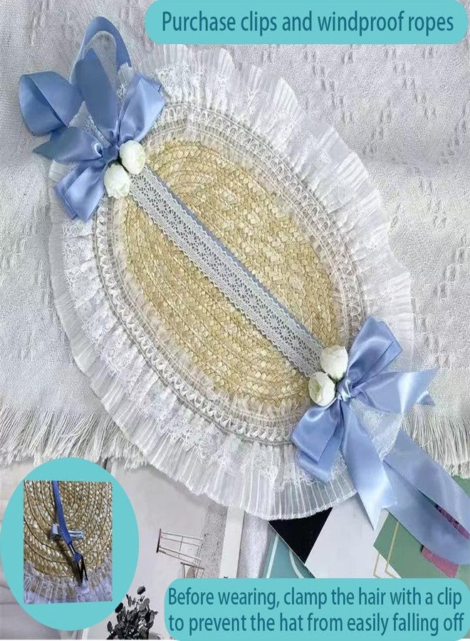 CMRCOYO Victorian Womens Tea Party Sun Hat Lolita Bows Florals Flat Straw Hats Womens Wide Brim Sun Hat with Wind Lanyard - Image 2