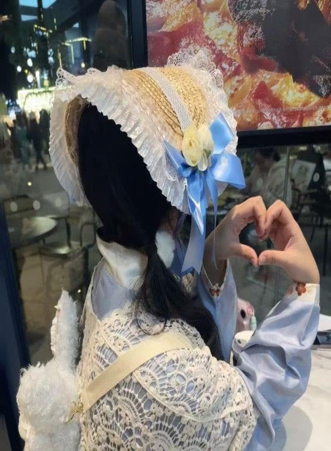 CMRCOYO Victorian Womens Tea Party Sun Hat Lolita Bows Florals Flat Straw Hats Womens Wide Brim Sun Hat with Wind Lanyard - Image 5