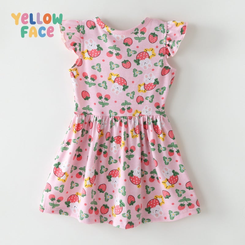 Summer Girls Cartoon Print Dress with Ruffled Sleeves - Image 3