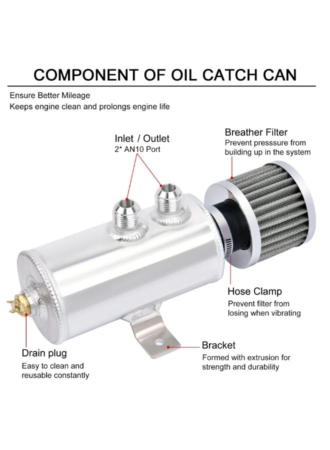 خزان تجميع الزيت العالمي المصنوع من الألومنيوم، مقاس 10AN، مزود بفتحتين لفصل زيت المحرك عن الهواء، مع صمام تصريف وفلتر تهوية، سعة 750 مل، لون أسود - Image 3