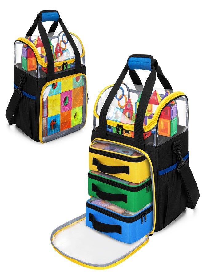 Rexmica 4 Packs Magnetic Building Tiles Storage Bag, Toy Storage Organizer Bag, Magnetic Blocks Tiles Travel Bag Case with Visible Top for Building Blocks, Board Game, Educational Math Game, Black - Image 1