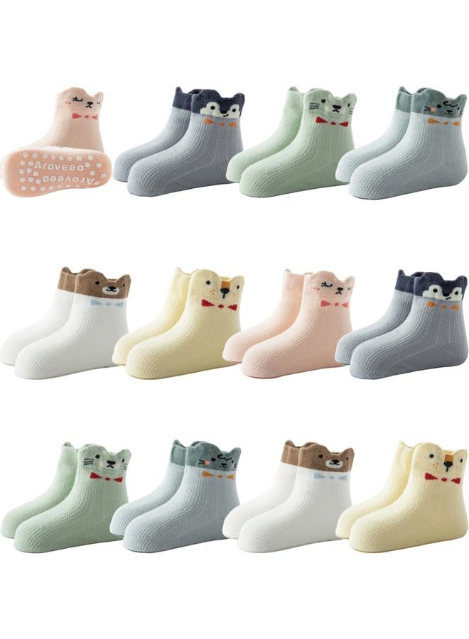 Aroveea Non Slip Grip Ankle Baby Socks 12 Pack for Toddler Boys and Girls Kids,Infant Cute Cotton Baby Socks, Animal7, 1-3 years - Image 1