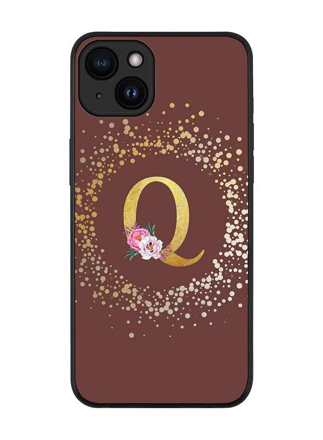 Stylizedd Cover for iPhone 15 Case Rugged Black Slim fit Flexible Protective Phone CasesCustom Monogram Initial Letter Floral Pattern Alphabet - Q (Brown) - Image 1