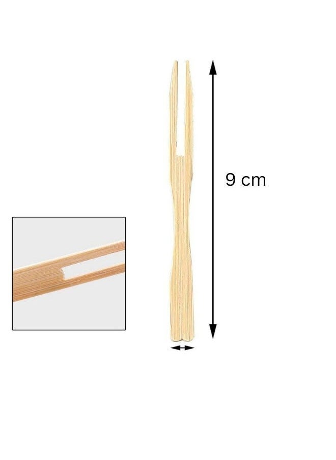 [300 PCS] Disposable Wooden 9 cm Bamboo Food Picks/Skewers Sturdy Two Prong Design Bulk Wrapped