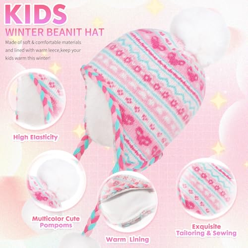 PinkSheep Toddler Winter Hat, Cute Girls Warm Beanie with Warm Ear Flap,Pom Pom Fleece Lined Winter Hat,Kid Knit Beanies Cap Rose - Image 5