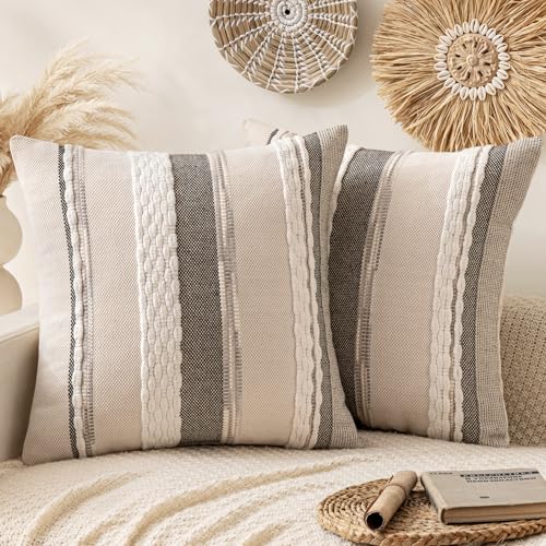 ANRODUO Pack of 2 Boho Decorative Throw Pillow Covers 18x18 Farmhouse Cushion Case Striped Chenille Pillow Cases Square Pillow Covers Accent Neutral Pillowcase for Sofa Couch Bed, White Stripe - Image 1