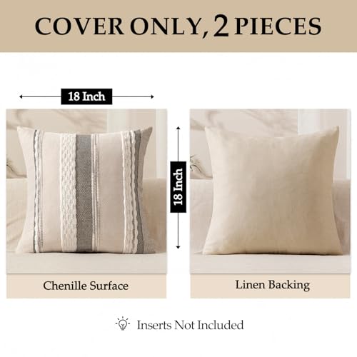 ANRODUO Pack of 2 Boho Decorative Throw Pillow Covers 18x18 Farmhouse Cushion Case Striped Chenille Pillow Cases Square Pillow Covers Accent Neutral Pillowcase for Sofa Couch Bed, White Stripe - Image 4