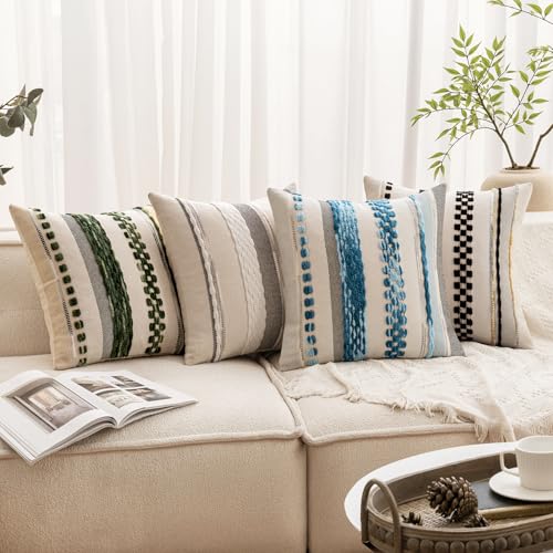 ANRODUO Pack of 2 Boho Decorative Throw Pillow Covers 18x18 Farmhouse Cushion Case Striped Chenille Pillow Cases Square Pillow Covers Accent Neutral Pillowcase for Sofa Couch Bed, White Stripe - Image 2