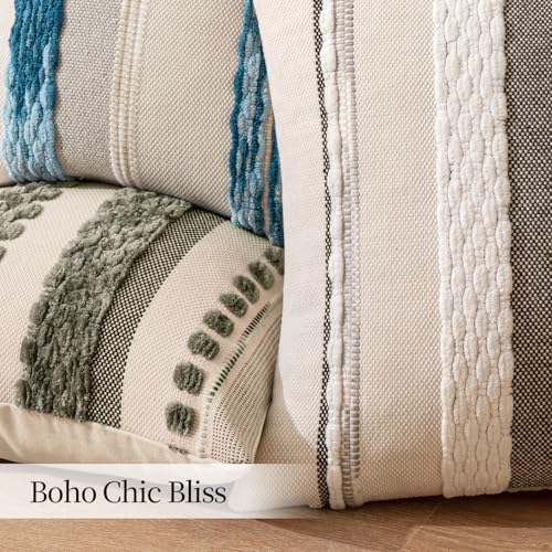 ANRODUO Pack of 2 Boho Decorative Throw Pillow Covers 18x18 Farmhouse Cushion Case Striped Chenille Pillow Cases Square Pillow Covers Accent Neutral Pillowcase for Sofa Couch Bed, White Stripe - Image 5