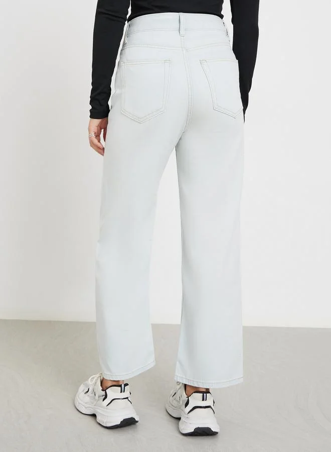 Styli Solid Mid-Rise Wide Leg Jeans