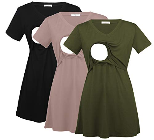 Bearsland Womens 3 Packs V Neck Nursing Tops Maternity Breastfeeding Tee Shirts,Black+ArmyGreen+Brown,M - Image 1