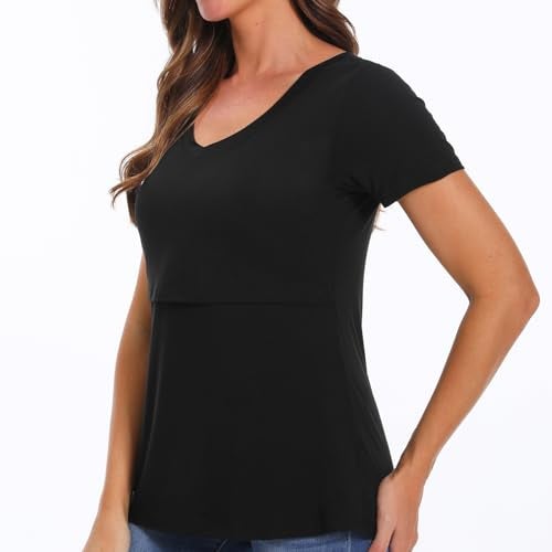 Bearsland Womens 3 Packs V Neck Nursing Tops Maternity Breastfeeding Tee Shirts,Black+ArmyGreen+Brown,M - Image 5