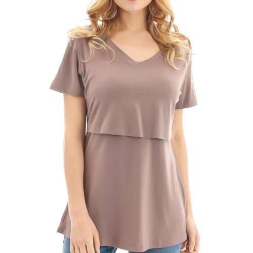 Bearsland Womens 3 Packs V Neck Nursing Tops Maternity Breastfeeding Tee Shirts,Black+ArmyGreen+Brown,M - Image 4