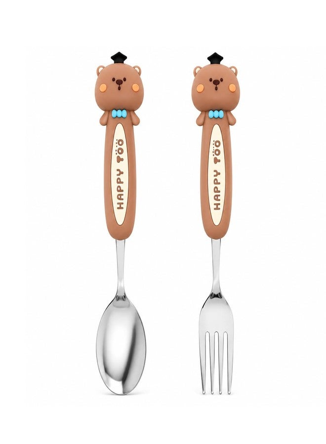 MaruHub Cute Kids Spoon Fork Set, 304 Stainless Steel Toddler Utensils with Silicone Cartoon Handle, BPA Free Baby Feeding Spoon and Fork for Boys Girls (Model 3) - Image 1