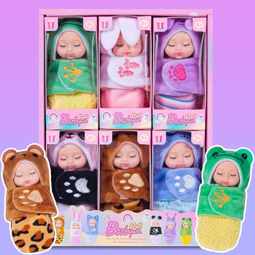 dollbie 6 Pack Mini Baby Dolls  4 inch Animal with Sleeping Bag Theme Lifelike Baby Dolls for Girls - Image 5