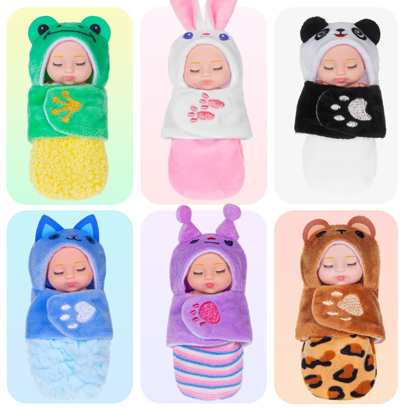 dollbie 6 Pack Mini Baby Dolls  4 inch Animal with Sleeping Bag Theme Lifelike Baby Dolls for Girls - Image 3