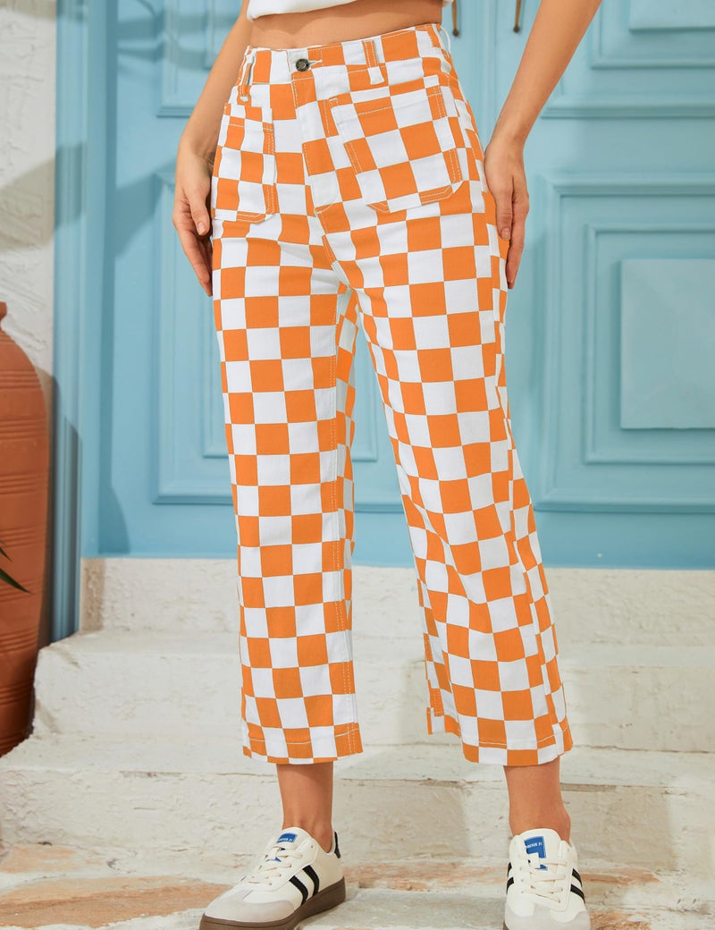 Odefou Cropped Jeans for Women Checkered Pants Casual High Waisted Stretchy Straight Leg Trousers with Pockets(Orange Plaid,10) - Image 3