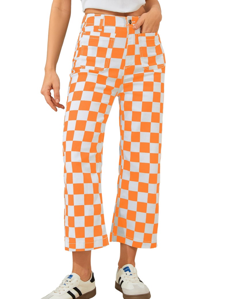Odefou Cropped Jeans for Women Checkered Pants Casual High Waisted Stretchy Straight Leg Trousers with Pockets(Orange Plaid,10) - Image 1