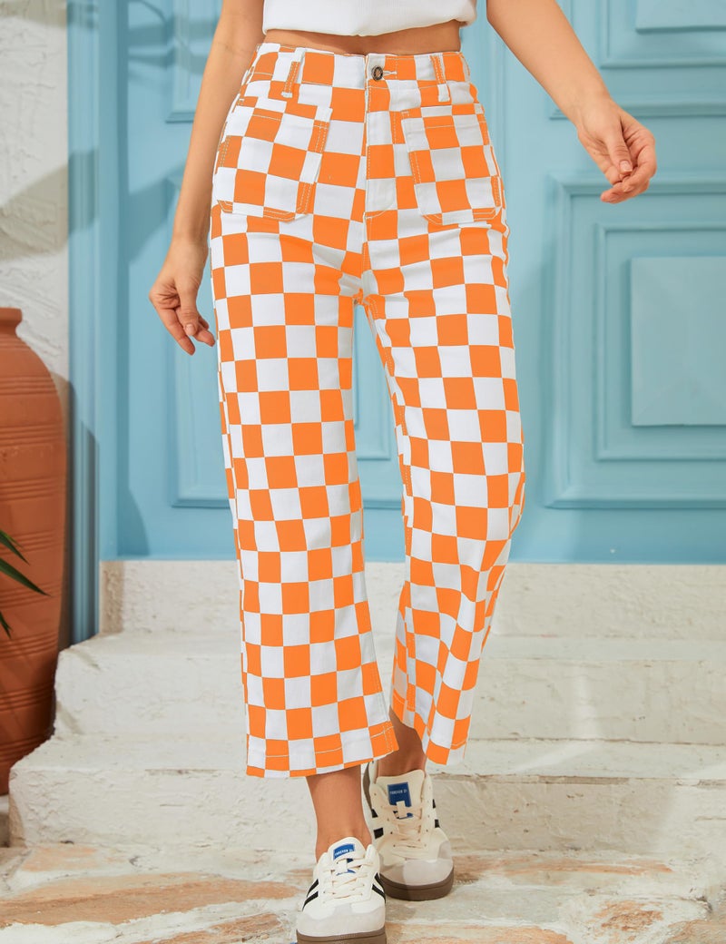 Odefou Cropped Jeans for Women Checkered Pants Casual High Waisted Stretchy Straight Leg Trousers with Pockets(Orange Plaid,10) - Image 4