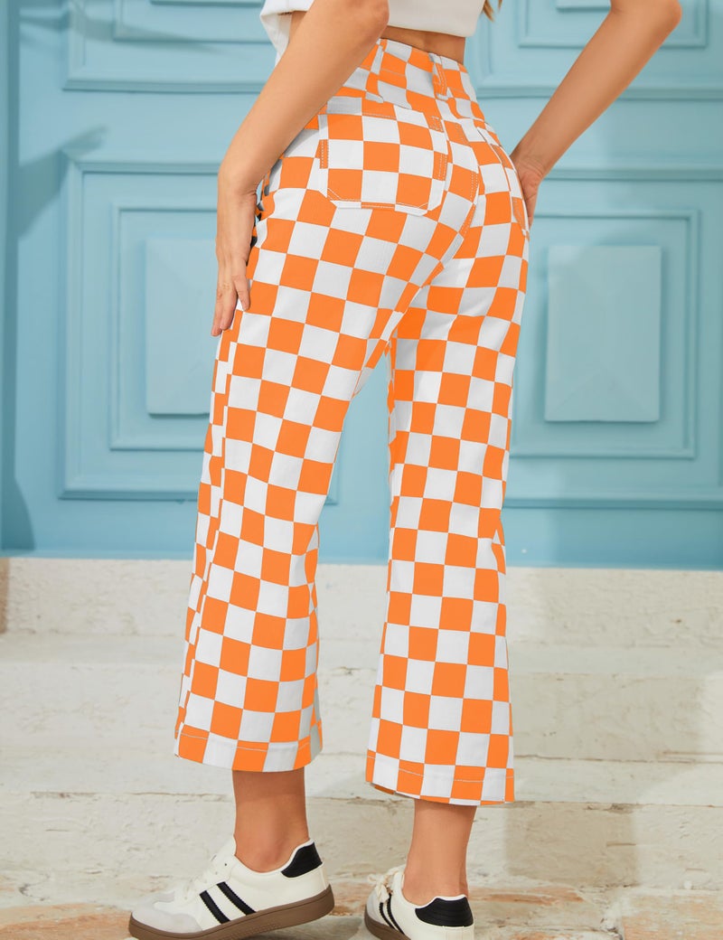 Odefou Cropped Jeans for Women Checkered Pants Casual High Waisted Stretchy Straight Leg Trousers with Pockets(Orange Plaid,10) - Image 2