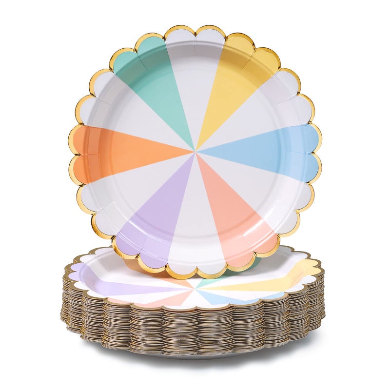 Confettiville Party Paper Plates, 50-Pack, Disposable Paper Plates, Gold Foil Scalloped Edge, Striped Pastel, 9-Inch - Image 1