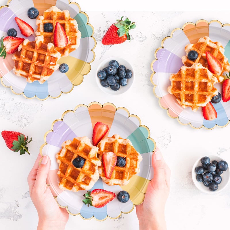 Confettiville Party Paper Plates, 50-Pack, Disposable Paper Plates, Gold Foil Scalloped Edge, Striped Pastel, 9-Inch - Image 2