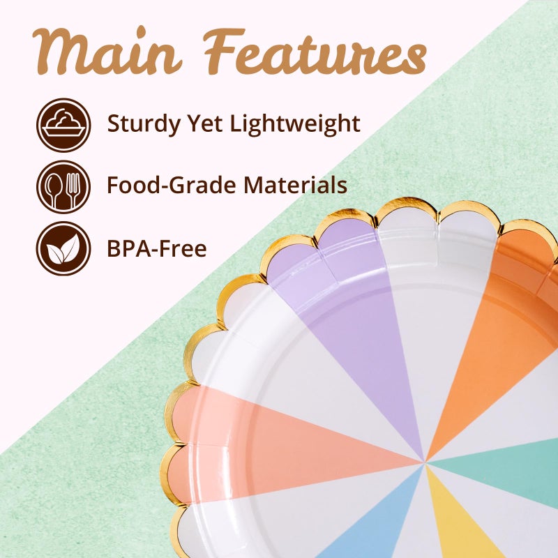 Confettiville Party Paper Plates, 50-Pack, Disposable Paper Plates, Gold Foil Scalloped Edge, Striped Pastel, 9-Inch - Image 5