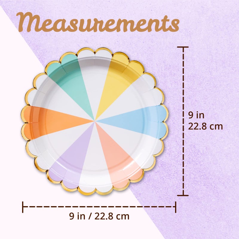 Confettiville Party Paper Plates, 50-Pack, Disposable Paper Plates, Gold Foil Scalloped Edge, Striped Pastel, 9-Inch - Image 4