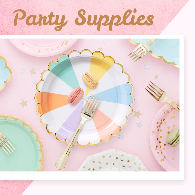 Confettiville Party Paper Plates, 50-Pack, Disposable Paper Plates, Gold Foil Scalloped Edge, Striped Pastel, 9-Inch - Image 3