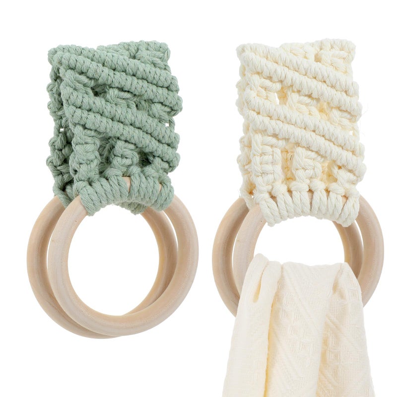 Matwsec 2 Pcs Knit Kitchen Towel Holder, Boho Handmade Crochet Kitchen Towels with Hanging Loop, Kitchen Towel Hook for Cabinet House Oven Stove Door Housewarming Gifts (Beige, Avocado Green) - Image 1