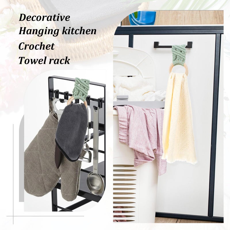 Matwsec 2 Pcs Knit Kitchen Towel Holder, Boho Handmade Crochet Kitchen Towels with Hanging Loop, Kitchen Towel Hook for Cabinet House Oven Stove Door Housewarming Gifts (Beige, Avocado Green) - Image 3
