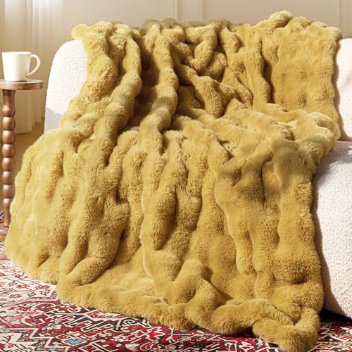 blunique Ultra Soft Cozy Faux Fur Throw Blanket, Fuzzy Plush Thick Bubble Blanket, Oversize Luxury Fluffy Blanket for Couch, Sofa, Bedroom, and Living Room,50x60 Inches, Dark Yellow - Image 1