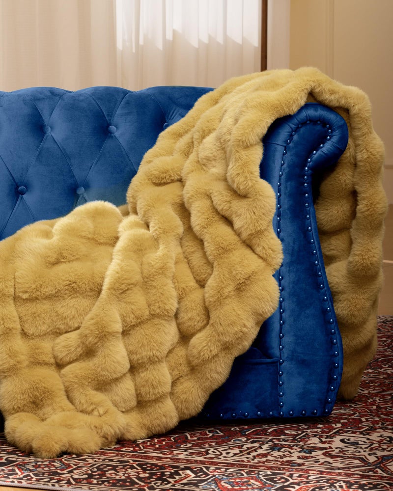 blunique Ultra Soft Cozy Faux Fur Throw Blanket, Fuzzy Plush Thick Bubble Blanket, Oversize Luxury Fluffy Blanket for Couch, Sofa, Bedroom, and Living Room,50x60 Inches, Dark Yellow - Image 3