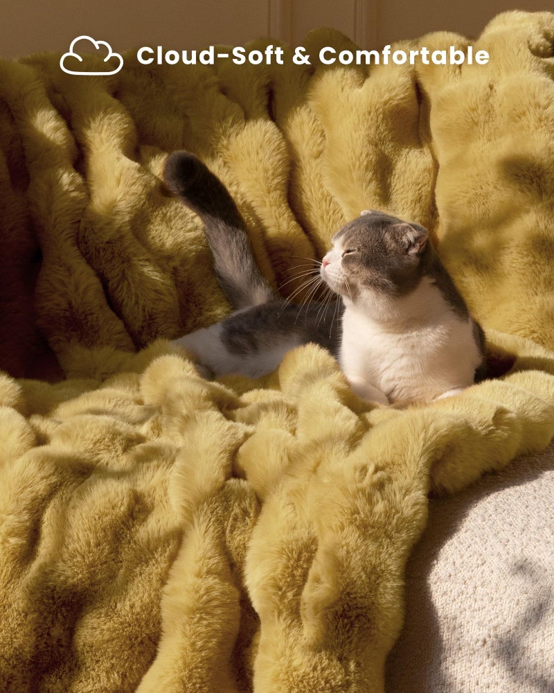 blunique Ultra Soft Cozy Faux Fur Throw Blanket, Fuzzy Plush Thick Bubble Blanket, Oversize Luxury Fluffy Blanket for Couch, Sofa, Bedroom, and Living Room,50x60 Inches, Dark Yellow - Image 2