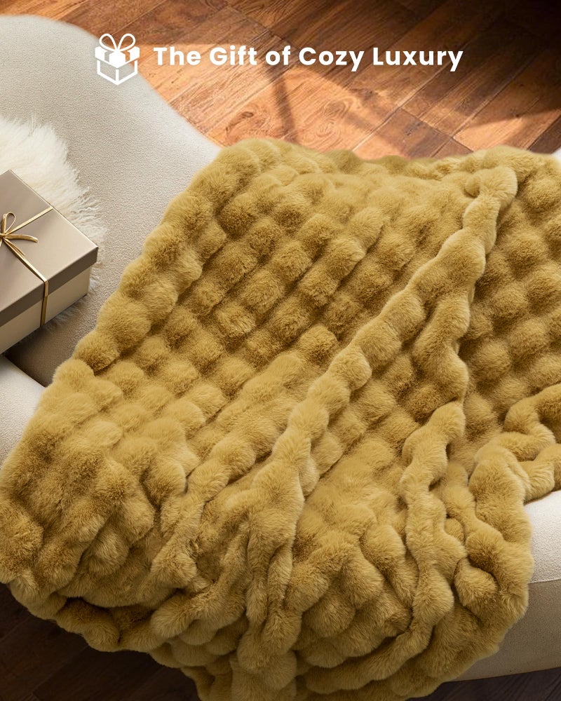 blunique Ultra Soft Cozy Faux Fur Throw Blanket, Fuzzy Plush Thick Bubble Blanket, Oversize Luxury Fluffy Blanket for Couch, Sofa, Bedroom, and Living Room,50x60 Inches, Dark Yellow - Image 5