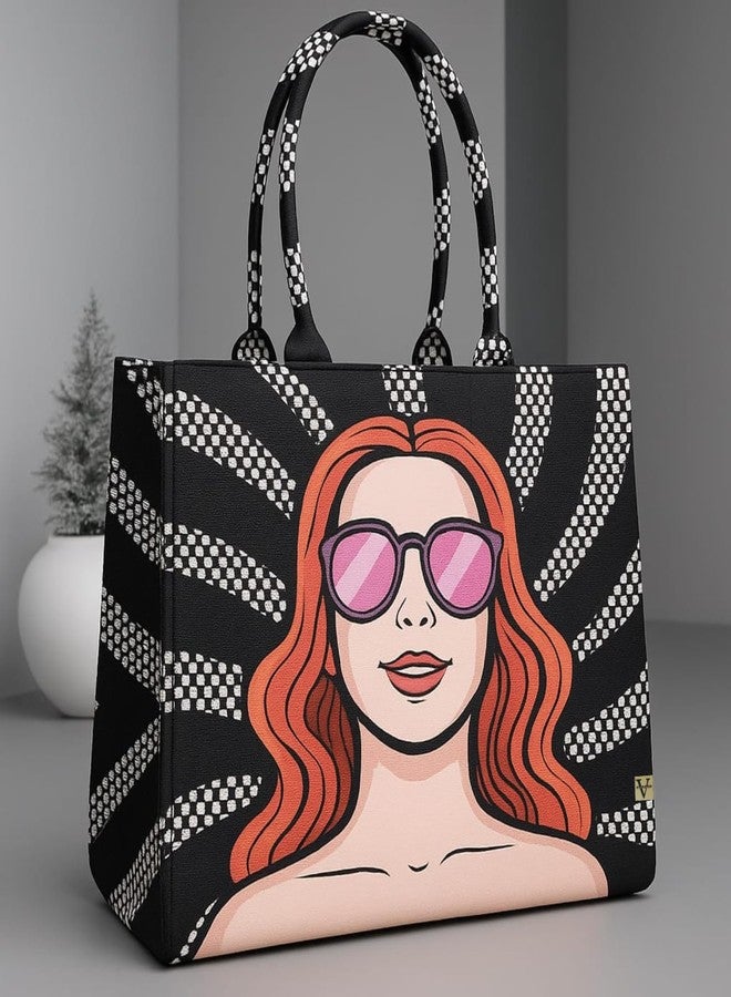 VINNIE PU Leather Tote Bag for Women, Printed Design, 28 x 14 x 36 cm, Multi-Colour, 5L Capacity (Black) - Image 3