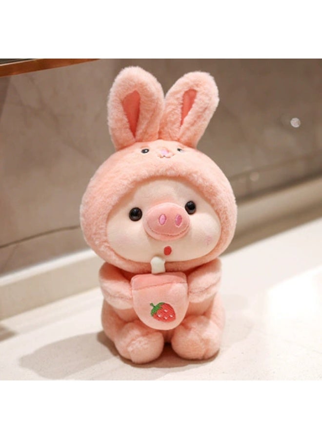 Cute Strawberry Bunny Pig Plush Toy, Soft Stuffed Animal with Rabbit Hood, Kawaii Pig Doll with Drink Cup, Perfect Gift for Kids & Girls, 25cm