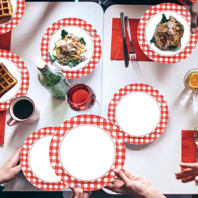 Grencian 50 Pcs Red and White Gingham Paper Plates 9"" Red Gingham Checkered Plaid Dessert Plates Disposable Red and White Gingham Party Supplies for Picnic Barbecue Baby Shower Birthday Party Decorations - Image 5
