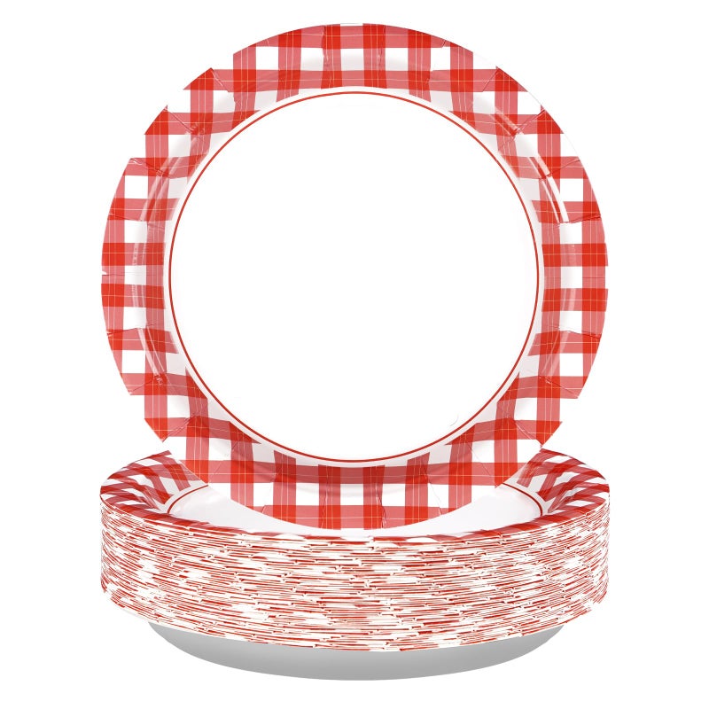 Grencian 50 Pcs Red and White Gingham Paper Plates 9"" Red Gingham Checkered Plaid Dessert Plates Disposable Red and White Gingham Party Supplies for Picnic Barbecue Baby Shower Birthday Party Decorations - Image 1