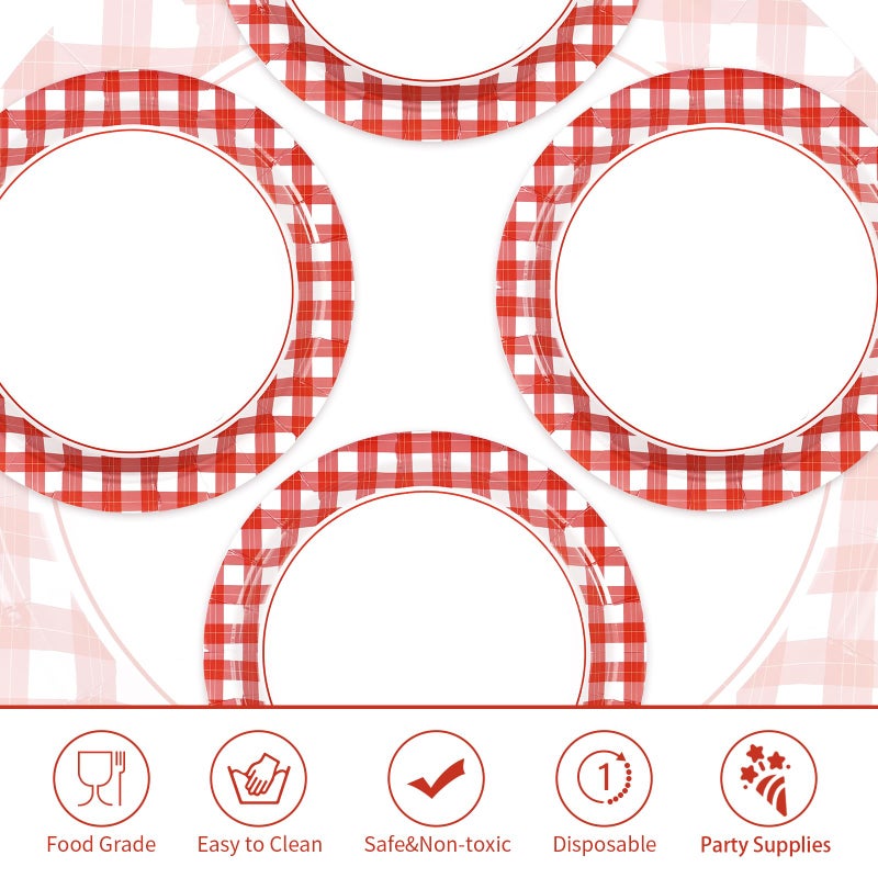 Grencian 50 Pcs Red and White Gingham Paper Plates 9"" Red Gingham Checkered Plaid Dessert Plates Disposable Red and White Gingham Party Supplies for Picnic Barbecue Baby Shower Birthday Party Decorations - Image 3