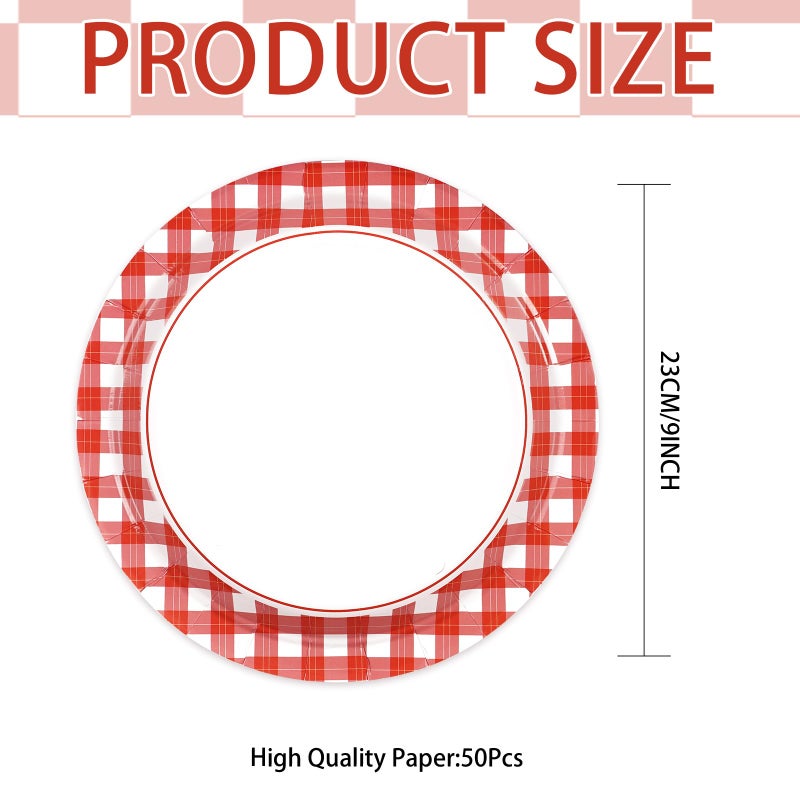 Grencian 50 Pcs Red and White Gingham Paper Plates 9"" Red Gingham Checkered Plaid Dessert Plates Disposable Red and White Gingham Party Supplies for Picnic Barbecue Baby Shower Birthday Party Decorations - Image 2