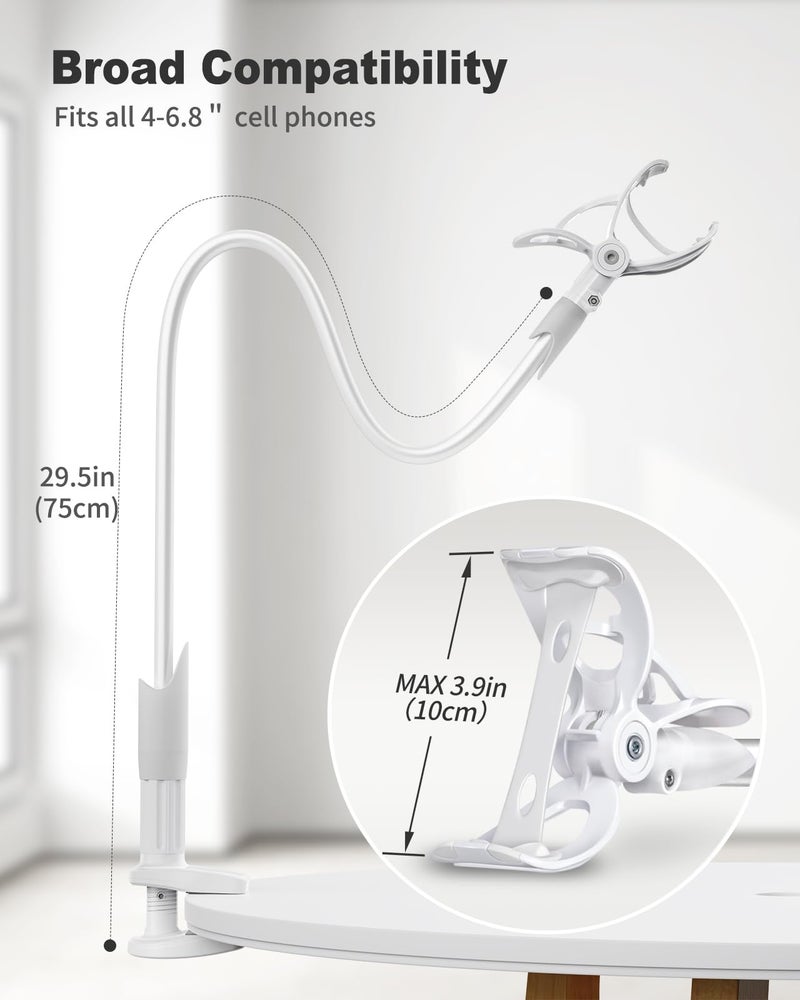 SAIJI Gooseneck Cell Phone Holder, Clamp Universal Lazy Mount Clip Hands Free Flexible Long Arm Bracket Grip for 4-7 Phones Mobile Stand Baby Monitor for Desk, Bed, Office, Kitchen (White) - Image 5