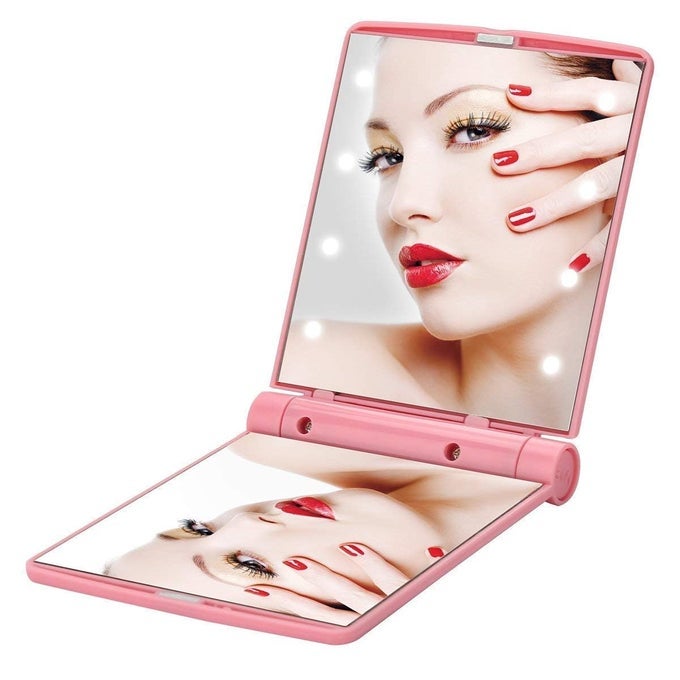 PORTABLE FOLDING MAKEUP MIRROR WITH LED LIGHTS COMPACT HANDHELD MULTICOLOR PACK OF 1 PCS