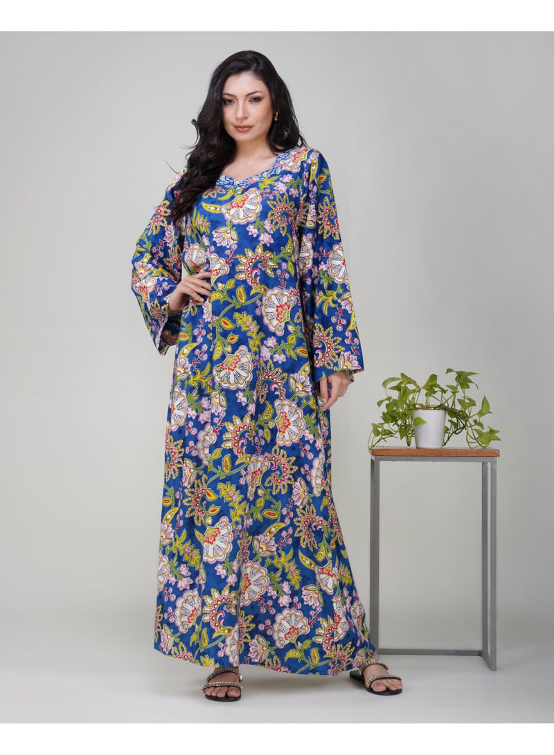 LINELLE جلابية لينيل النسائية المزخرفة بالأزهار - فستان رايون بأكمام كاملة مع تصميم رقبة مطرزة - Image 1