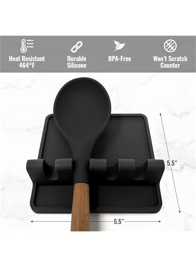 ميكسد حامل أدوات مطبخ من السيليكون الخالي من مادة BPA مع وسادة تنقيط - حامل ملاعق مقاوم للحرارة لموقد الطهي - منظم أدوات المطبخ للمغارف والملقط - أسود - Image 4